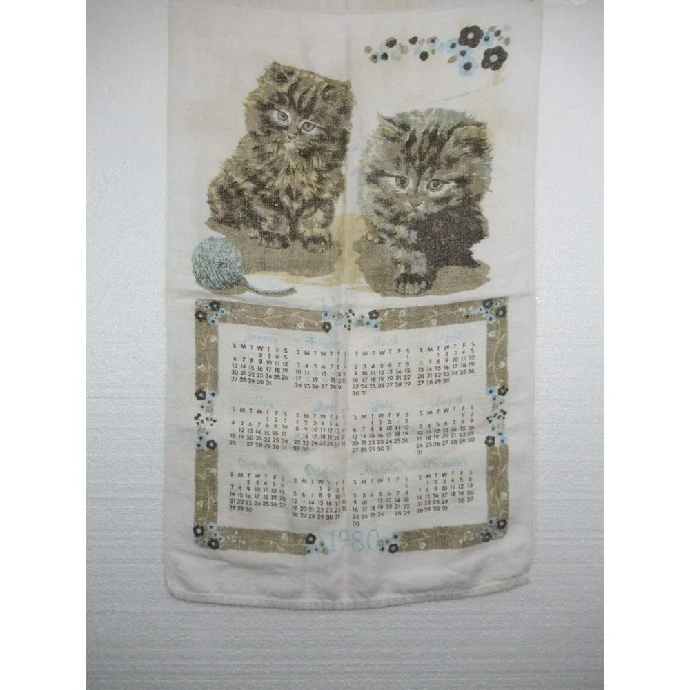 Vintage 1980 Calendar Kitten Cat Print Tea Towel